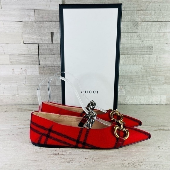 NWT GUCCI Archive Wool Check Pointed Toe Ballet Flats Shoes Red/Black SZ 35 - Picture 6 of 16